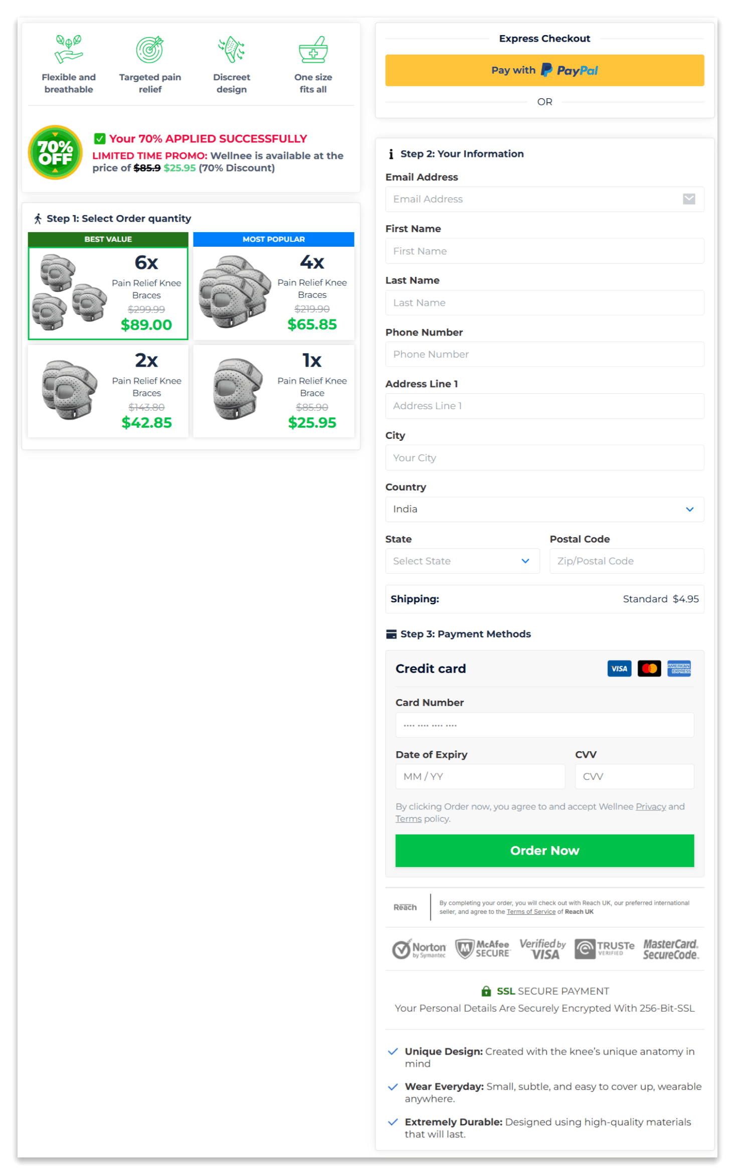 WellKnee brace secure checkout page